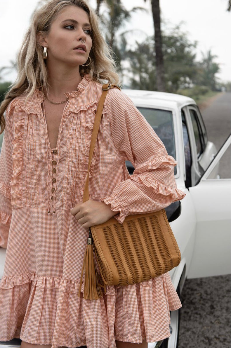 Venice Beach Gingham Smock Mini Dress in Peach - Size 4X and 5X