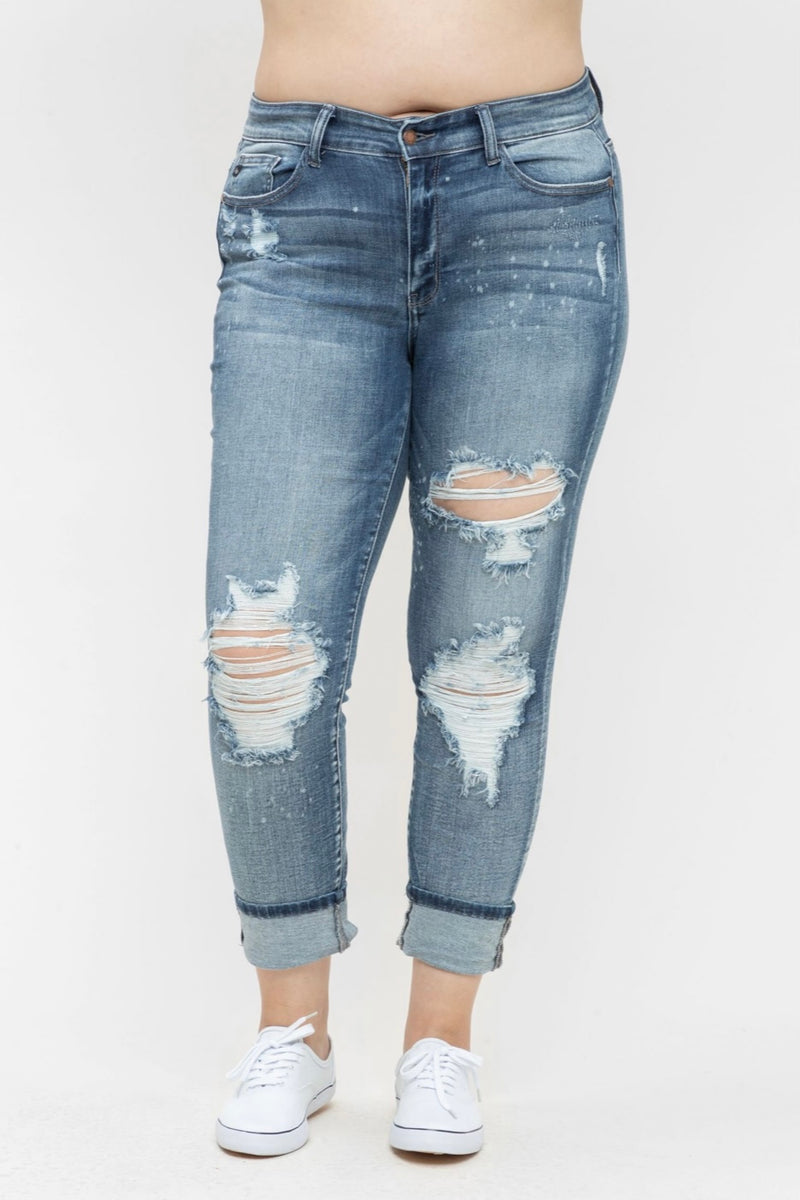 Frankie Beach Distressed Cuffed Boyfriend Jeans