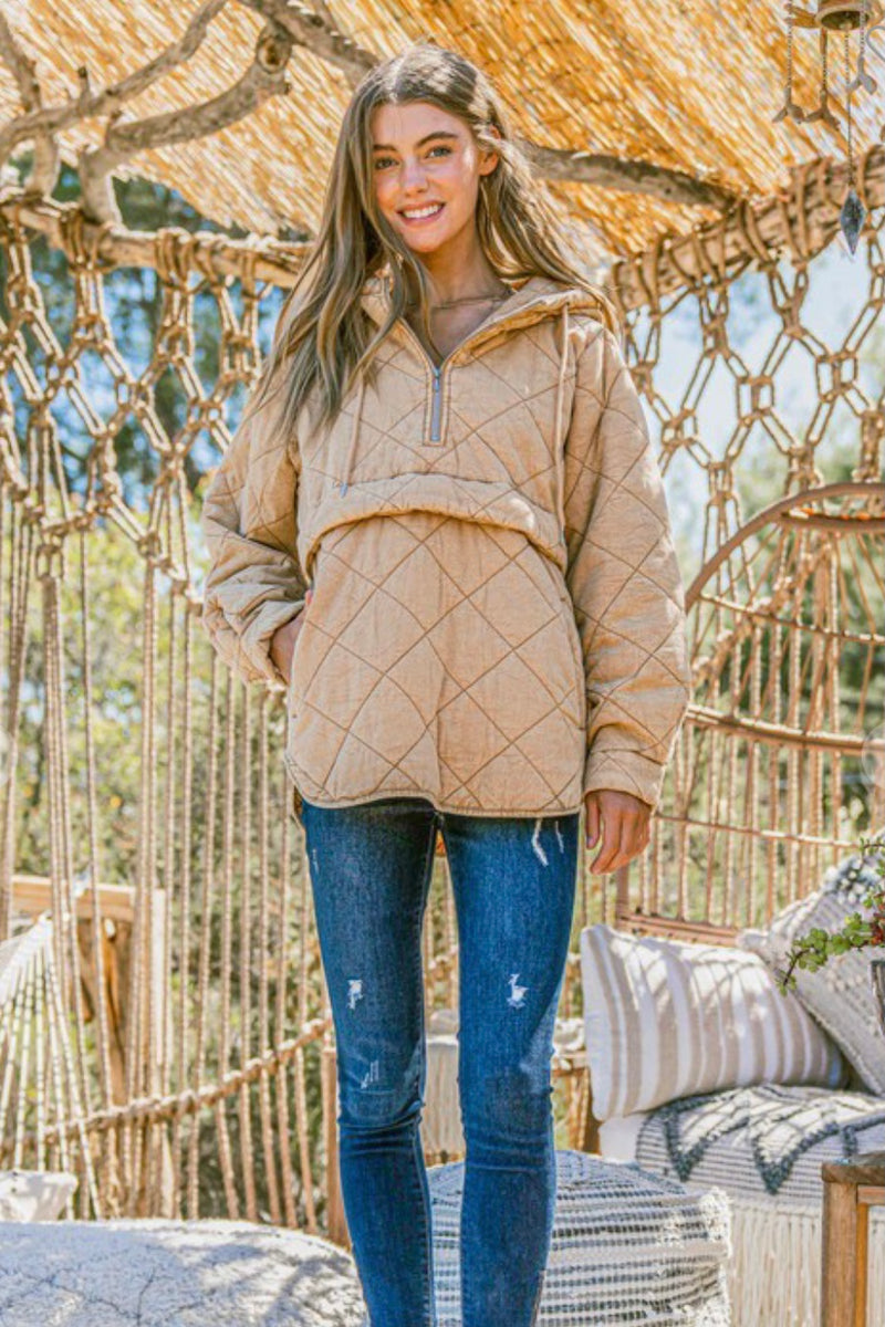 Washed Cotton Quilted 1/2 Zip Hooded Pullover