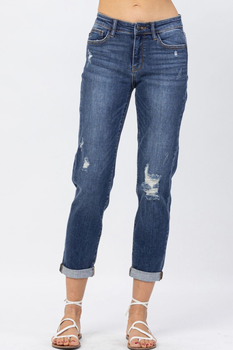 {ROAD TRIP} Judy Blue Mid-Rise Bleach Splash Distressed Boyfriend Jeans