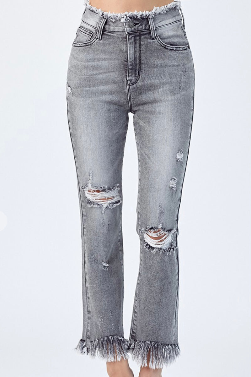 Frayed High Waist Grey Wash Jeans