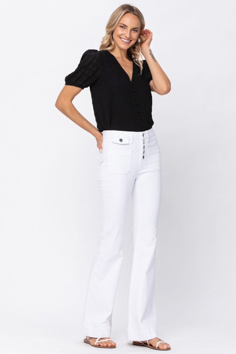 Farrah High Rise Button Front White Flare Jeans