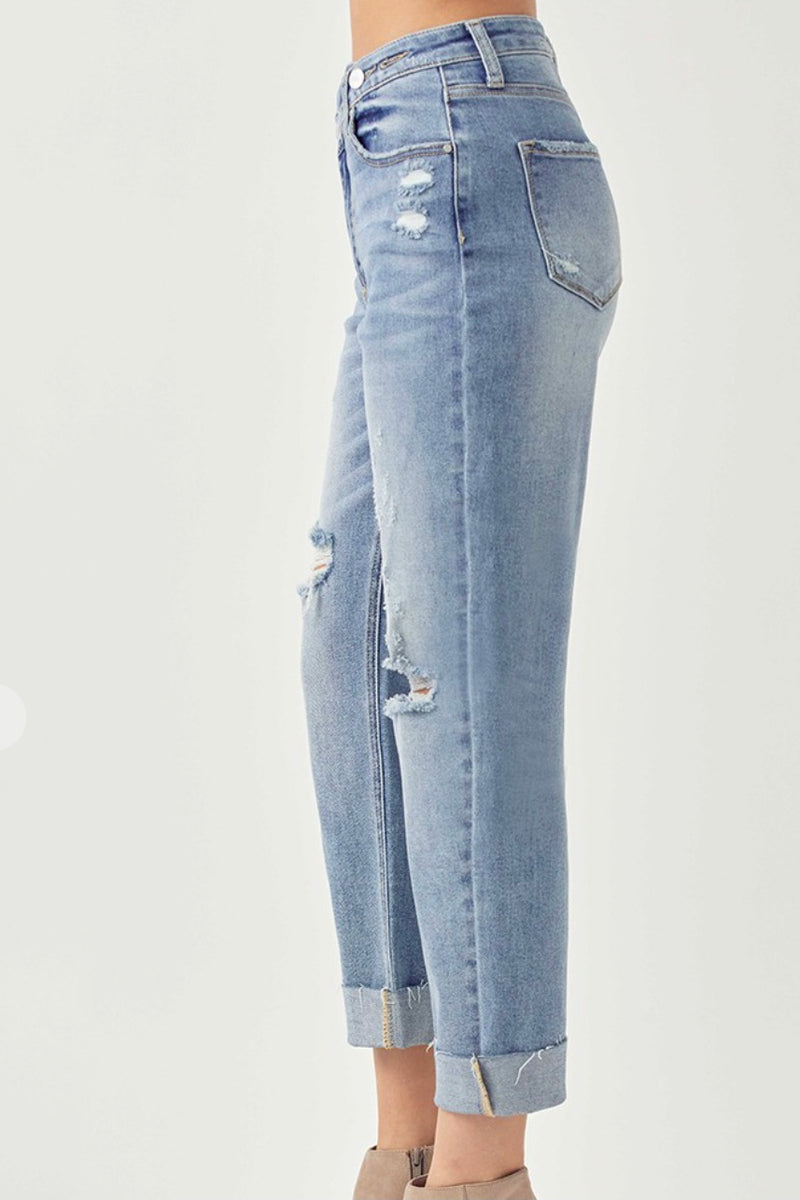 Boyfriend Cross Over Fly Distressed Cuffed Jeans