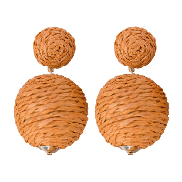 Brown| raffia| pom pom| earrings|