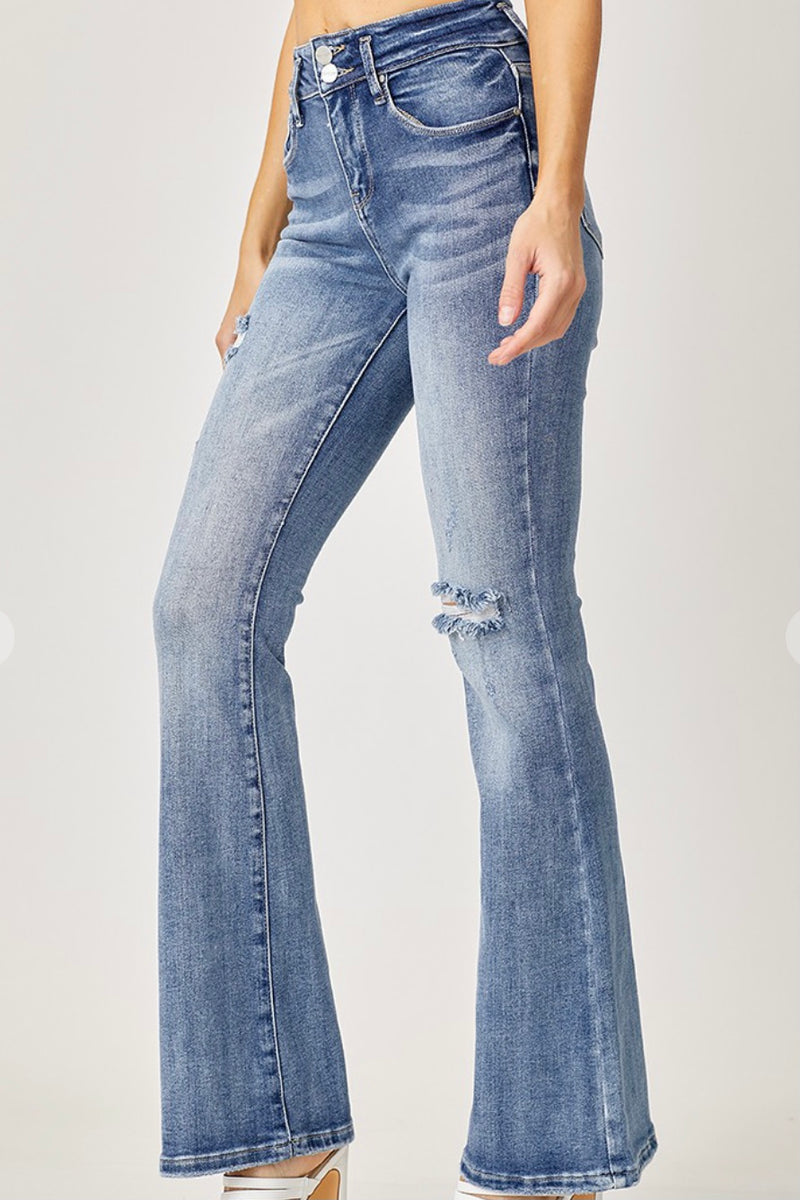 High Rise Double Button Flare Jeans