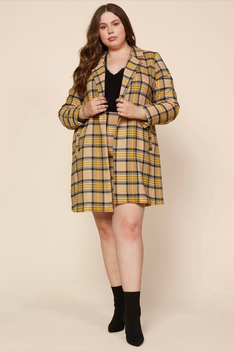 Mustard Plaid Long Blazer and Mini Skirt (Set)