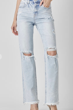 High Rise Light Acid Wash Distressed Straight Leg Jeans