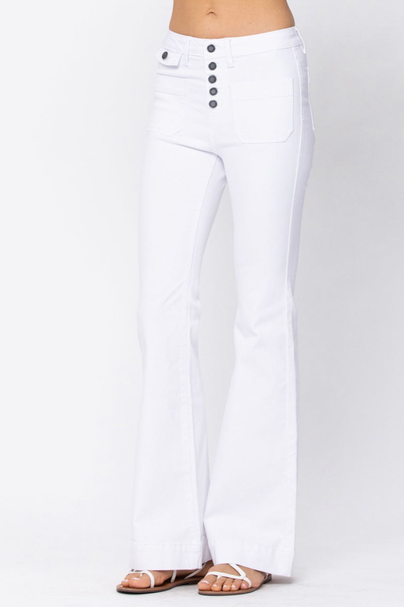 Farrah High Rise Button Front White Flare Jeans