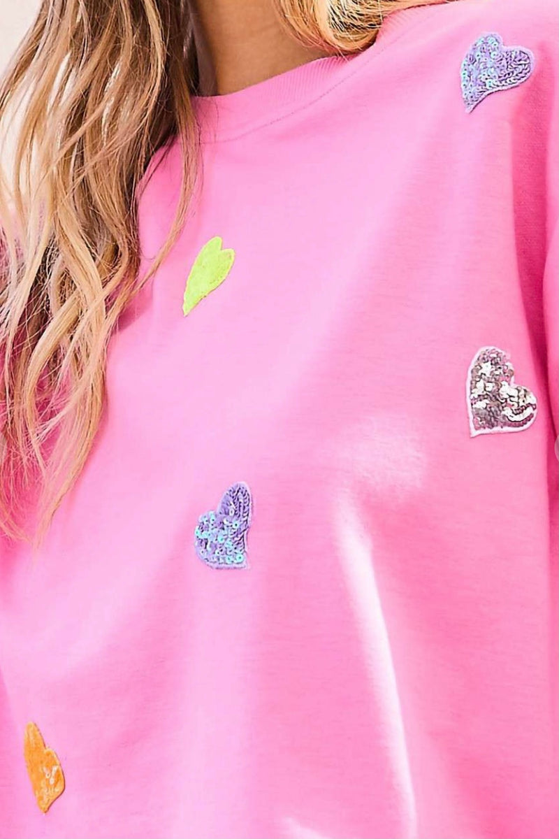 Pink Sequin Heart Patch Terry Sweatshirt