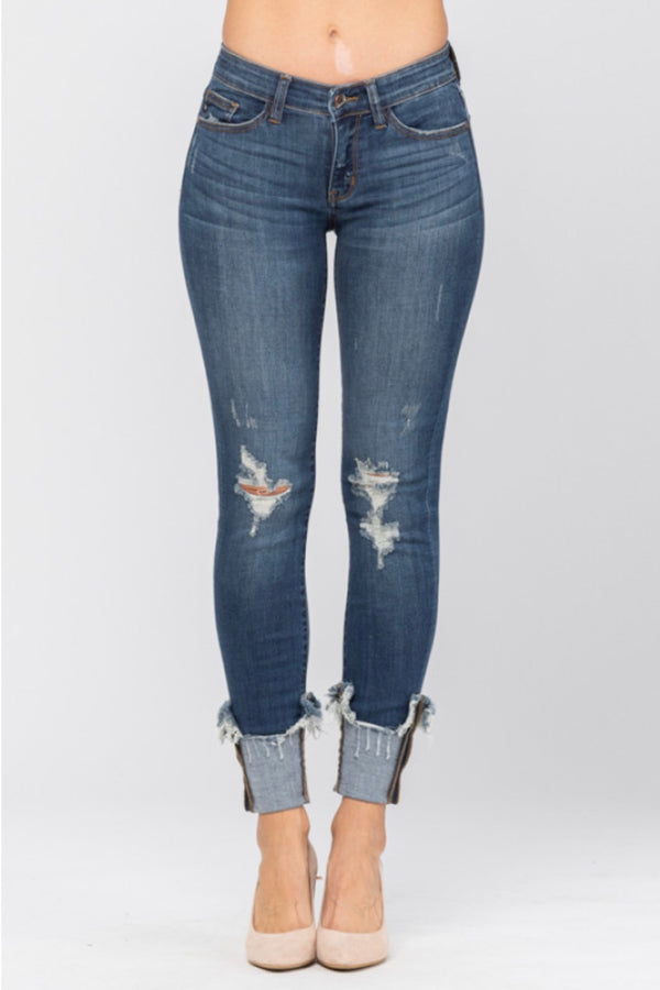 Judy Blue dark blue cuffed distressed skinny jeans