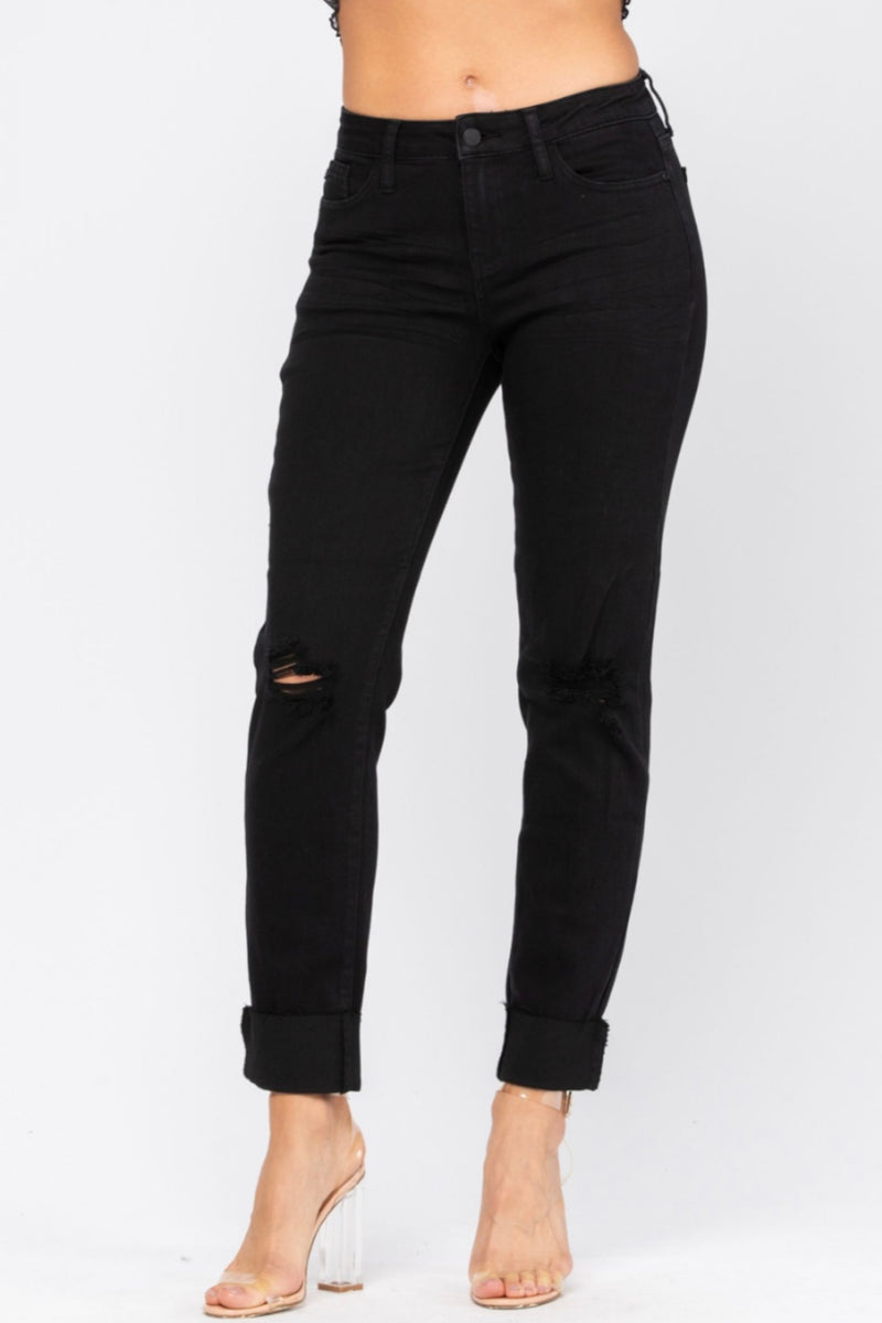 Jessie Black Distressed Cuffed Slim Fit Jeans