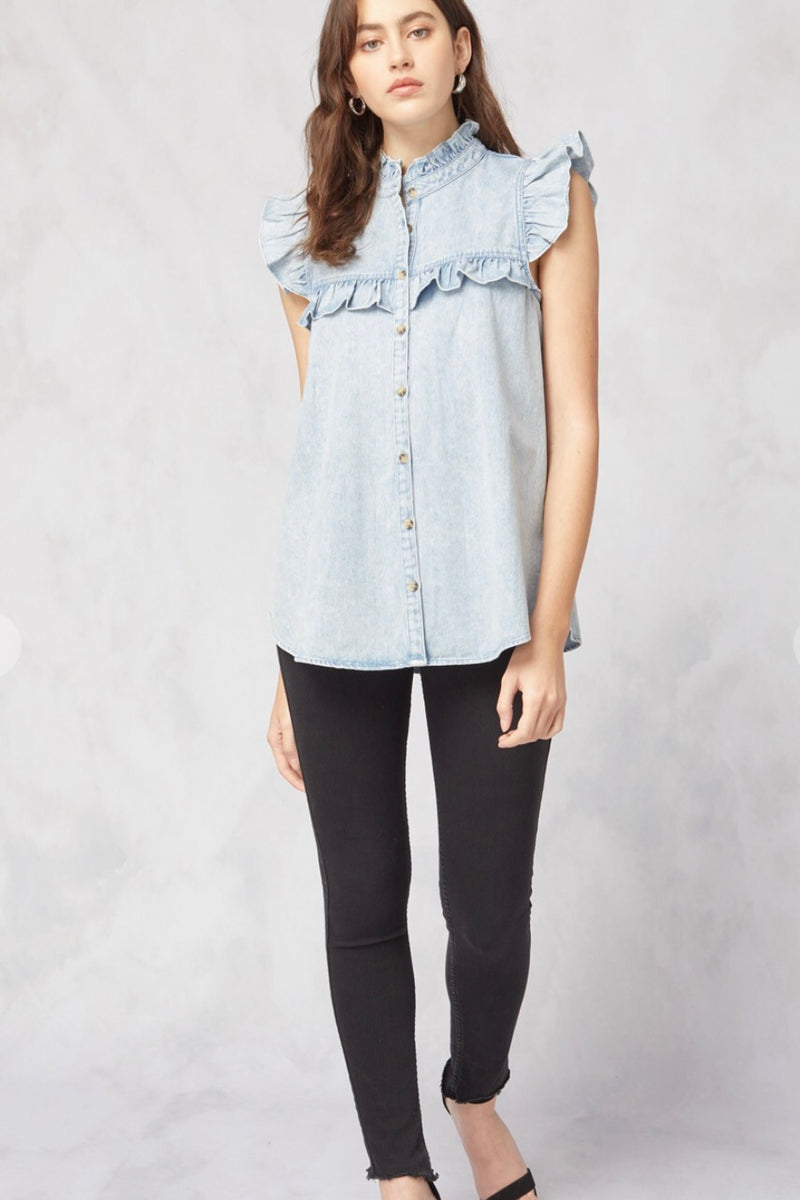 Jenny Sleeveless Ruffle Denim Top - Size XL & 1X