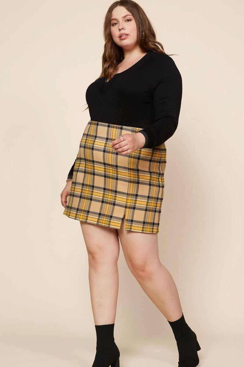 Mustard Plaid Long Blazer and Mini Skirt (Set)