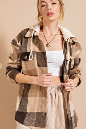 Camel and brown Buffalo Check Hooded Shacket