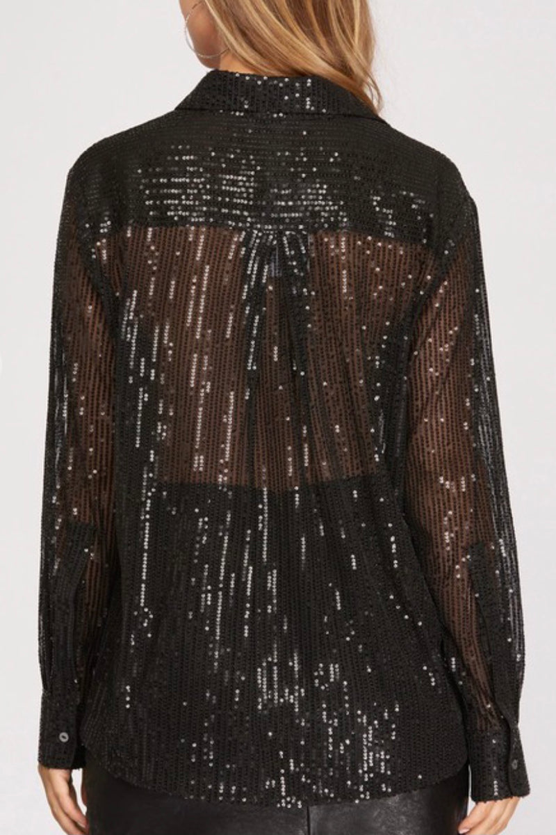 Sheer Black Sequin Button Down Top
