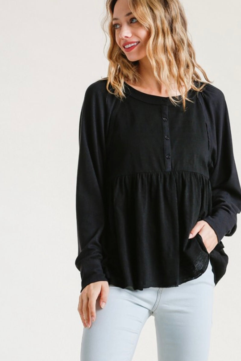 Black| cotton| ribbed| babydoll| top| long| sleeve|