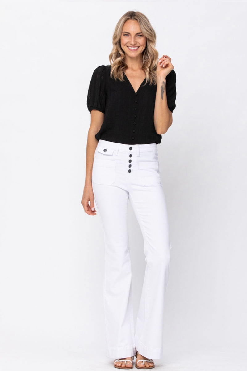 Farrah High Rise Button Front White Flare Jeans