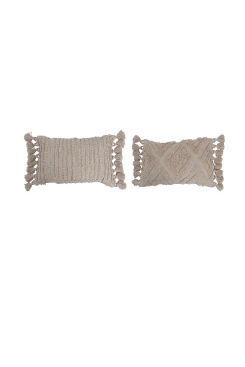 Woven| cotton| tufted| lumbar| pillow| cream| tassels|