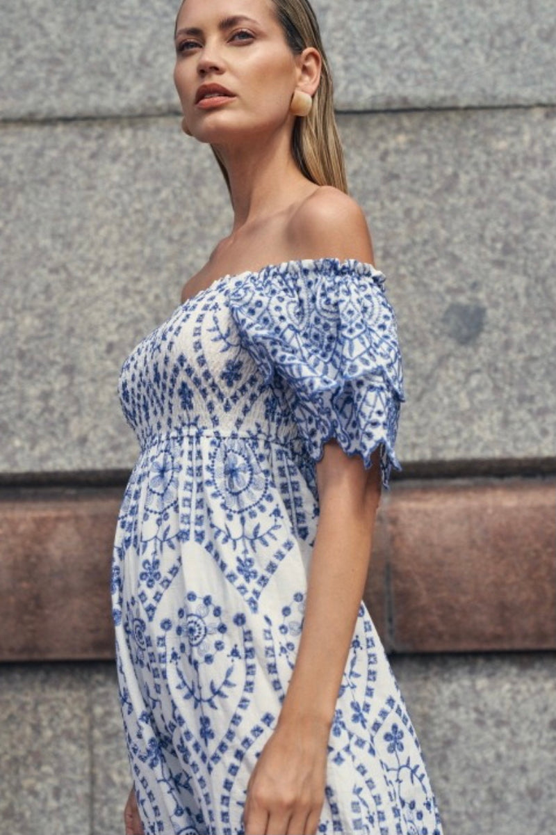 White and Blue Embroidered Cotton Maxi Dress
