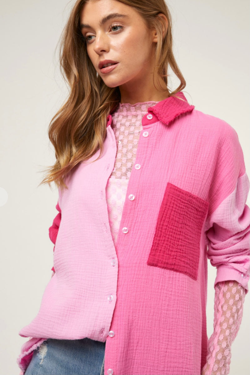 Pink Color Block Cotton Botton Down