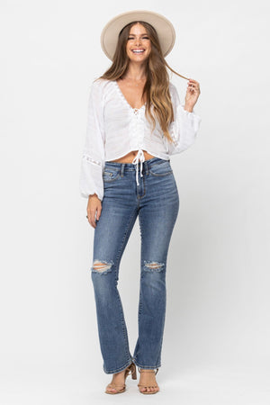 Judy Blue Mid-rise Medium Wash Distressed Knee Boot Cut Jeans