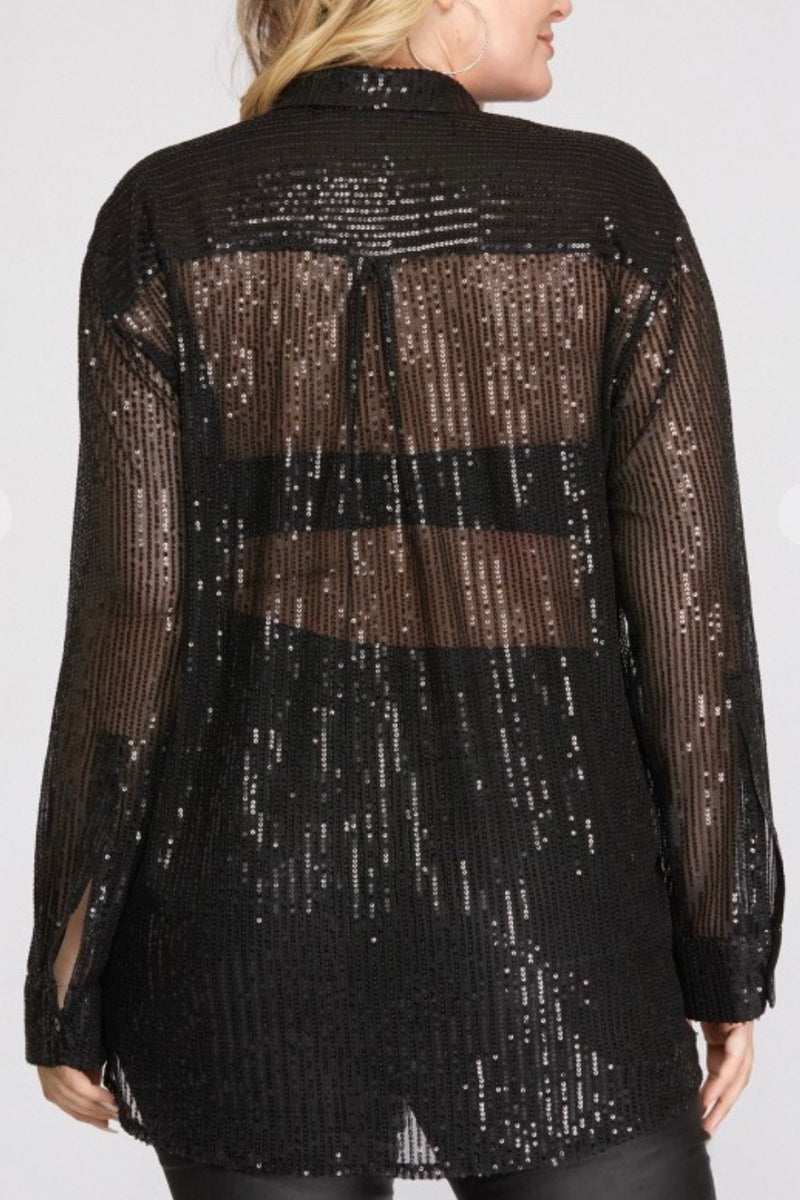 Sheer Black Sequin Button Down Top