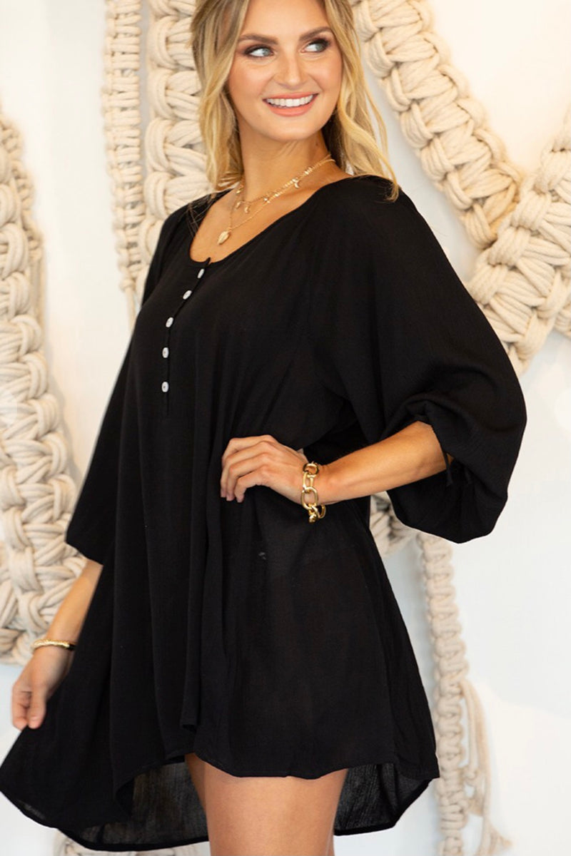 black button front tunic top or bathing suit cover-up