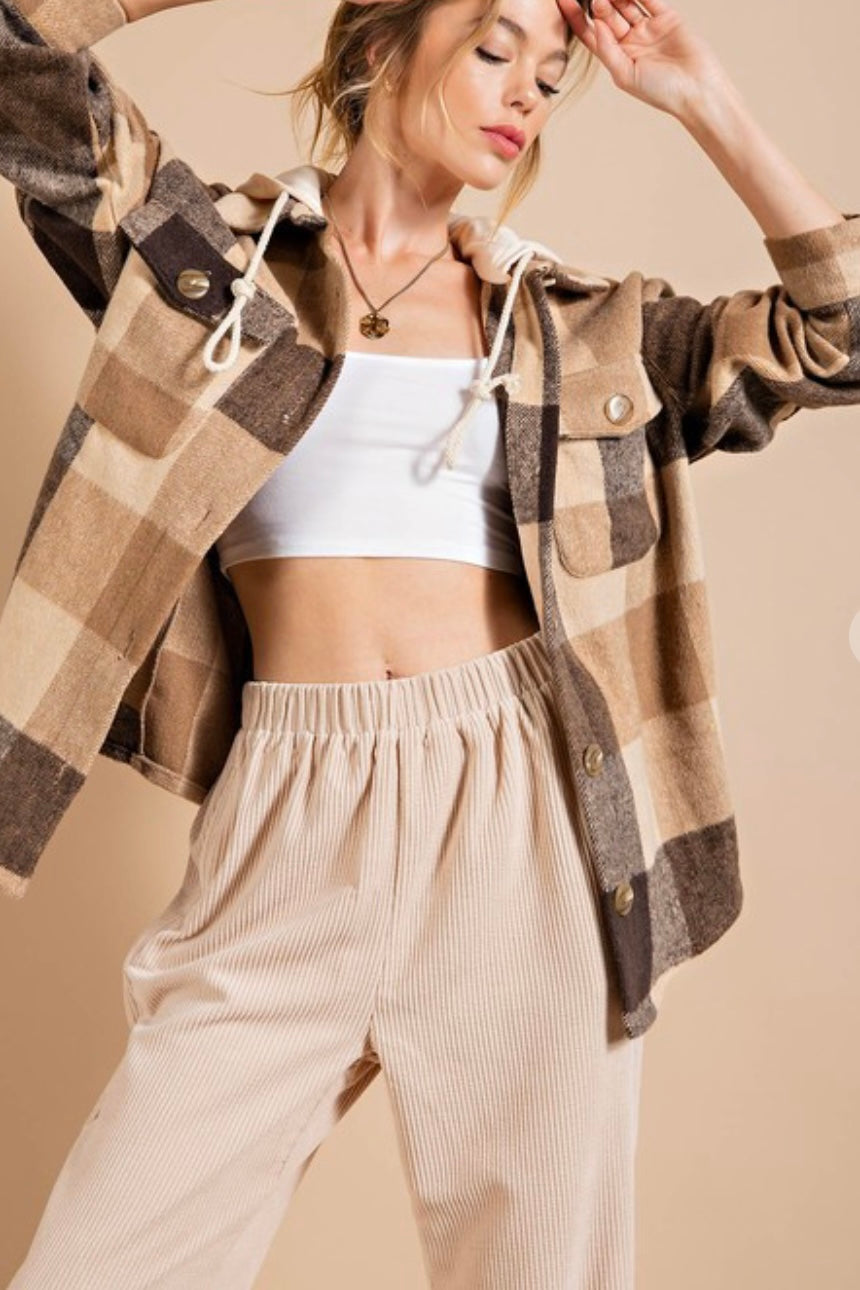 Camel| brown| buffalo plaid| hooded| shacket|