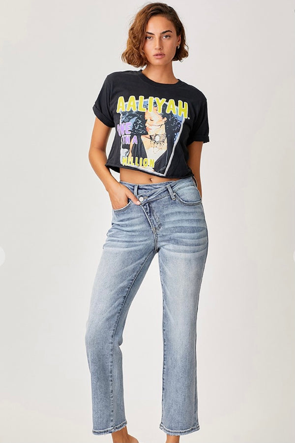 High-rise Cross Over Fly Straight Leg Jeans