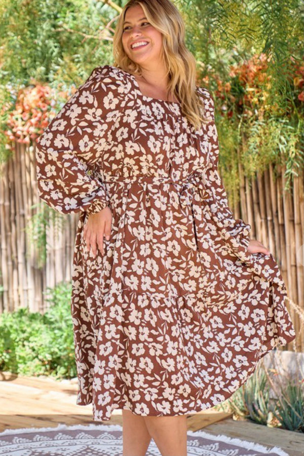 Brown Midi Floral Print Dress