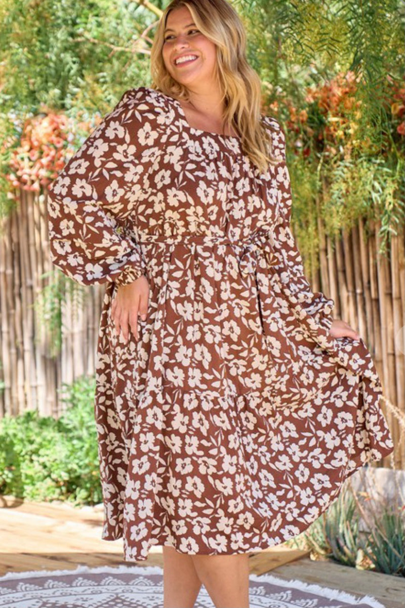 Brown Midi Floral Print Dress