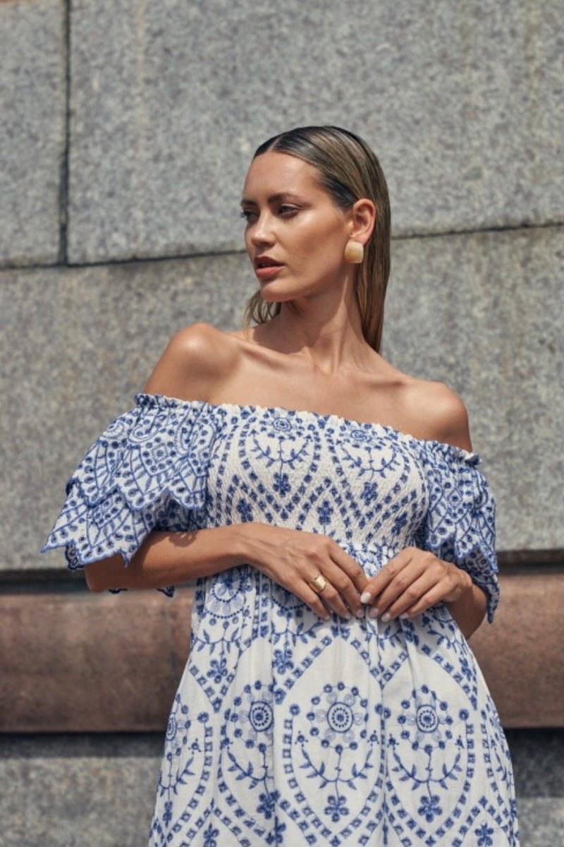 embroidered cotton maxi dress product info and reviews Tuckernuck Azure Embroidered Cotton Rhea Maxi Dress Azure / XXL