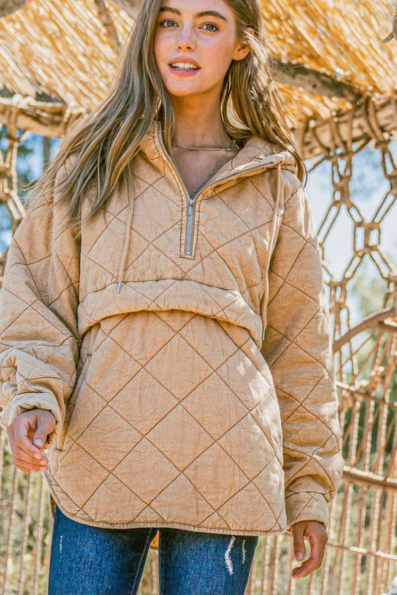 Washed Cotton Quilted 1/2 Zip Hooded Pullover