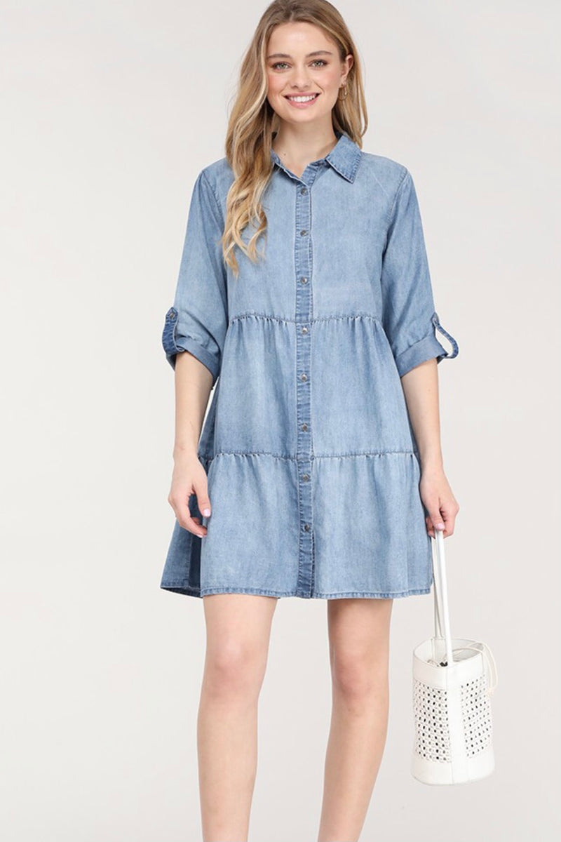 Dani Chambray Denim Tiered Baby Doll Dress - Size S & M