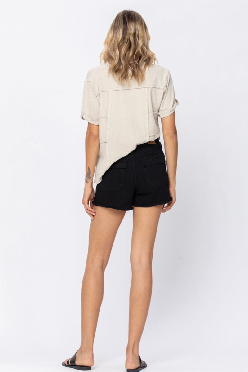 Kaitlin Cargo Patch Pocket Black Denim Shorts