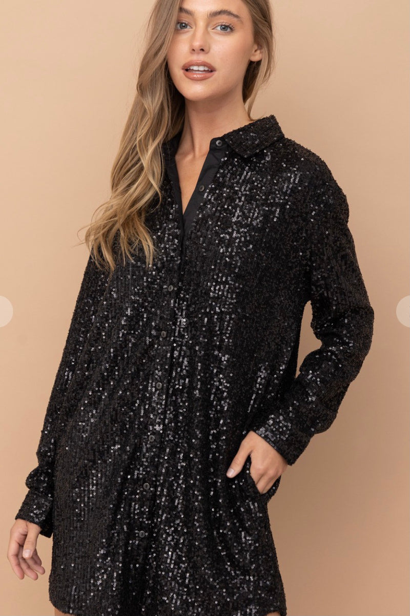 Longline Sequin Button Down Shirt