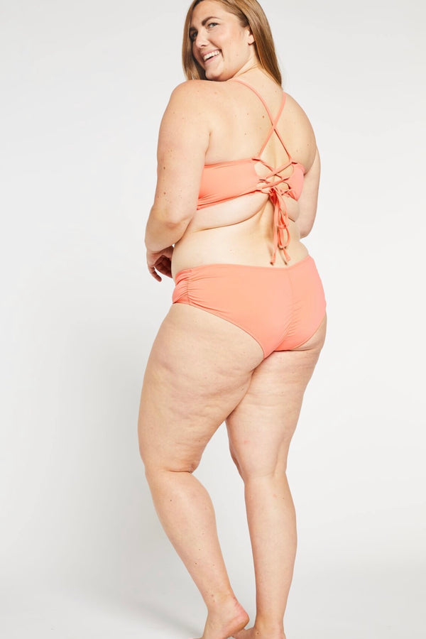 "The TJ" Ruched Cheeky Bikini Bottom in Coral