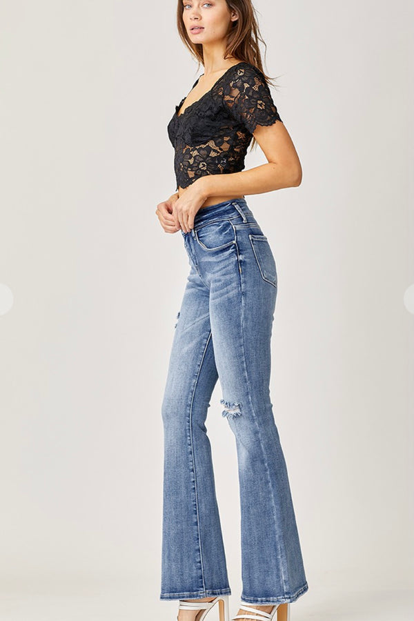 High Rise Double Button Flare Jeans