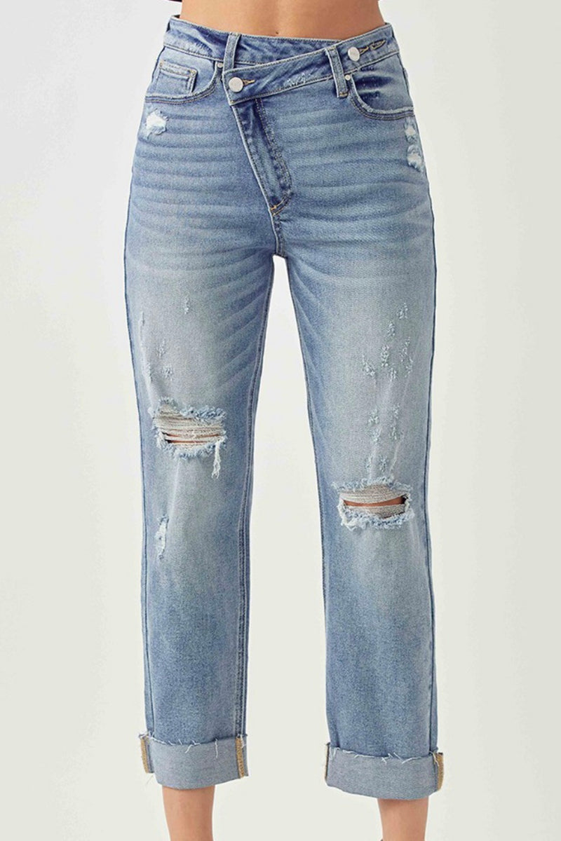 Boyfriend Cross Over Fly Distressed Cuffed Jeans