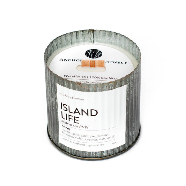 Island life| rustic| tin| wood wick| candle|