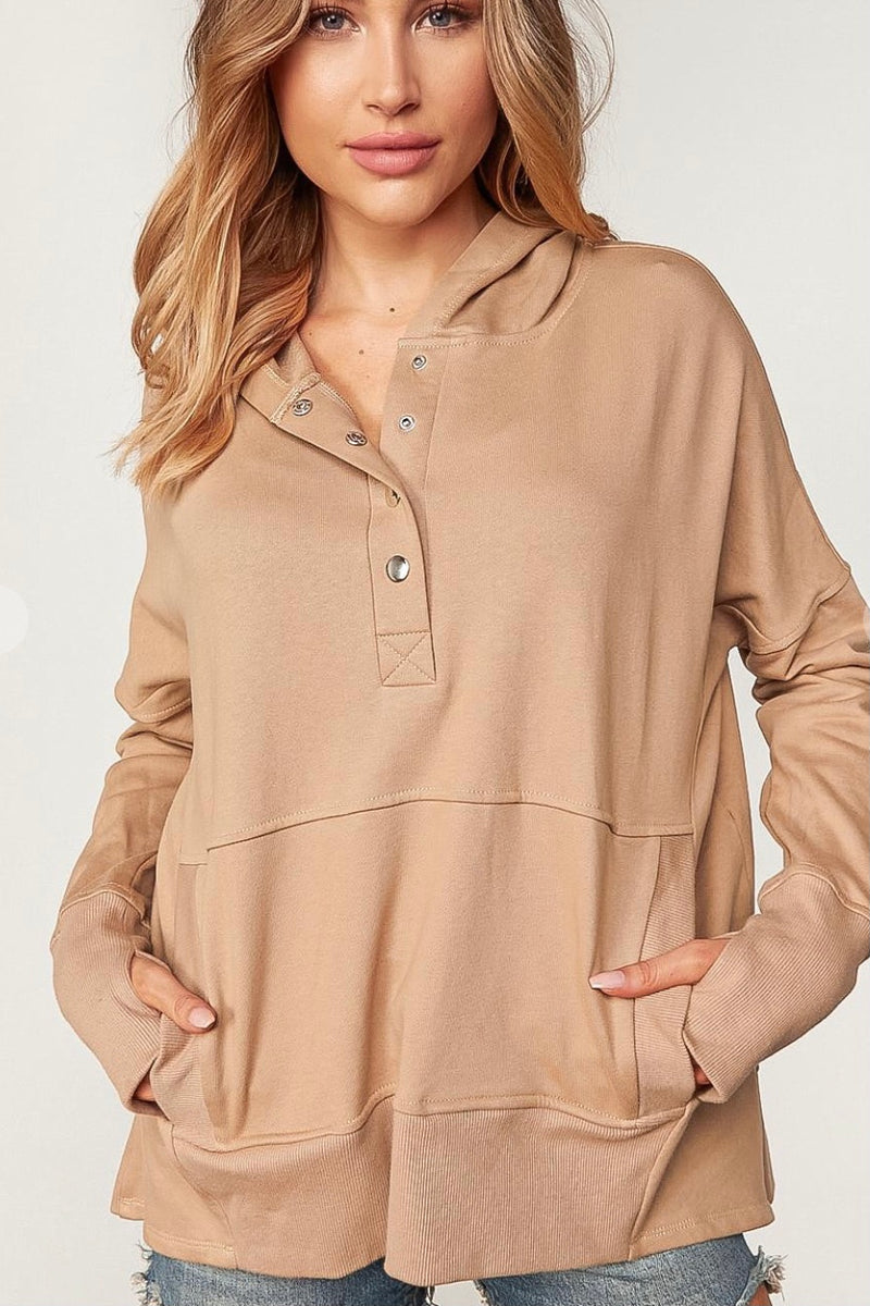 Camel Cotton Terry Hooded Pullover