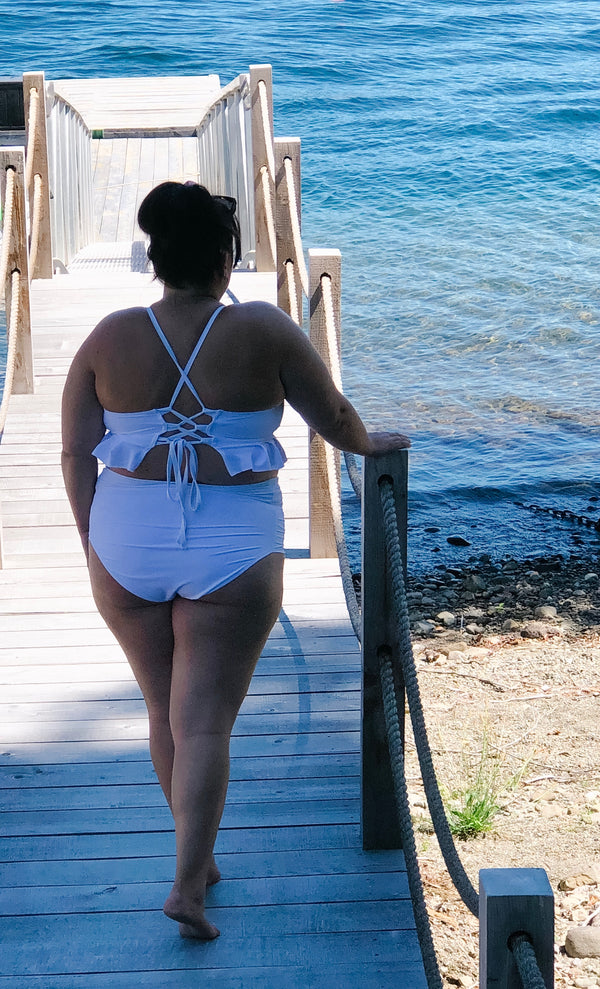 The "Monroe" High Waist Pleated Bikini Bottom in Coconut White