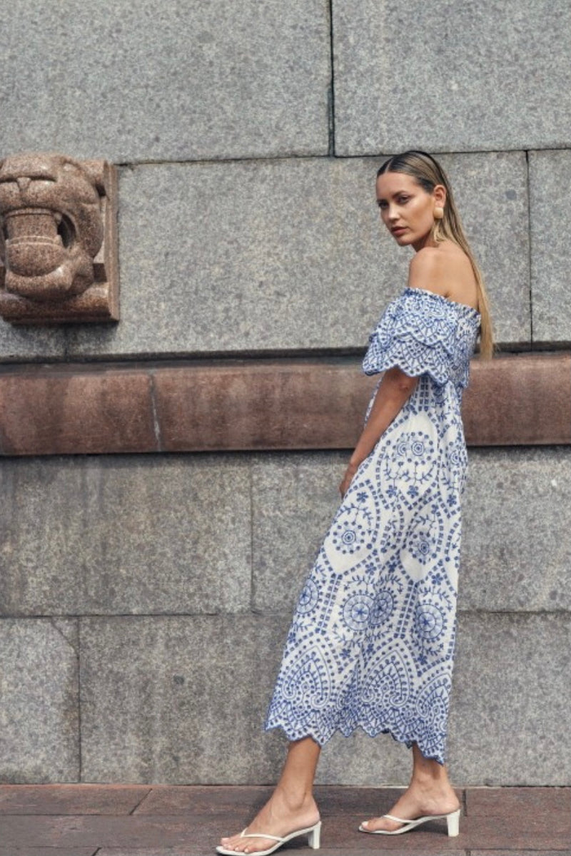 White and Blue Embroidered Cotton Maxi Dress Aqua Bay Swim Co White and Blue Embroidered Cotton Maxi Dress Aqua Bay Swim Co