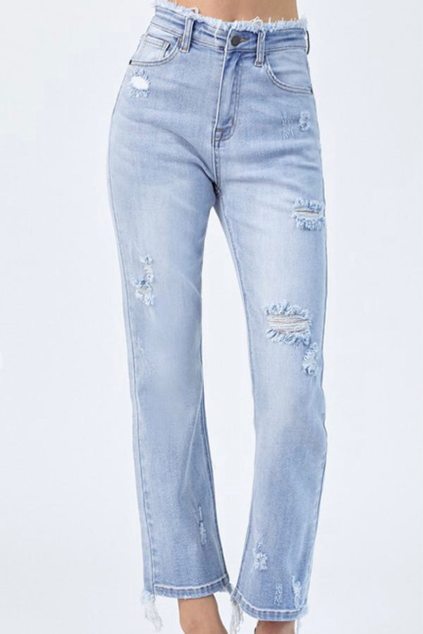 Frayed | High rise| vintage wash| straight leg| distressed| jeans|