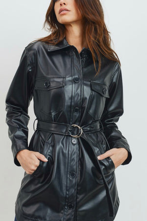 Vegan| leather| belted| shacket|