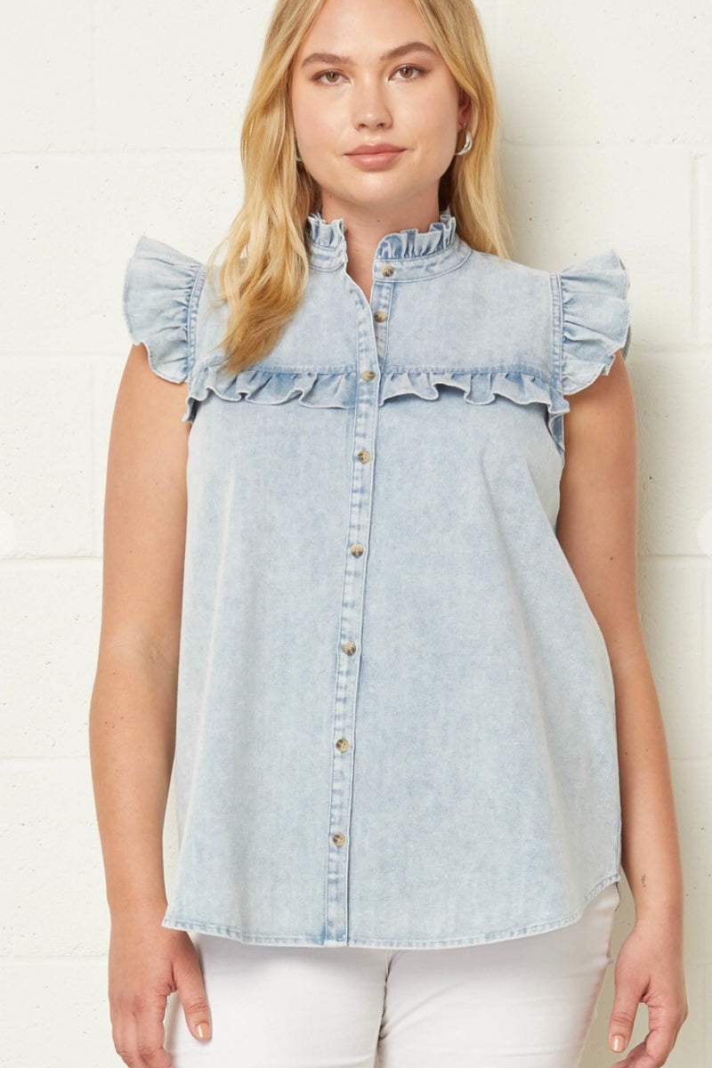 Jenny Sleeveless Ruffle Denim Top - Size XL & 1X