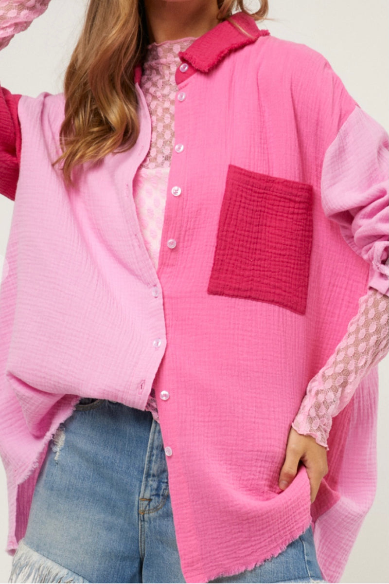 Pink Color Block Cotton Botton Down