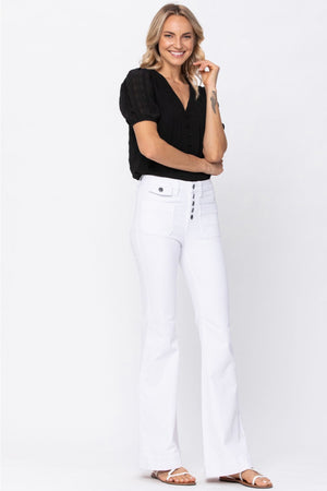 Farrah High Rise Button Front White Flare Jeans