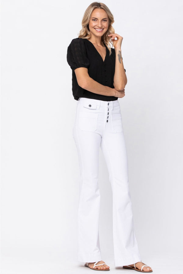 Farrah High Rise Button Front White Flare Jeans