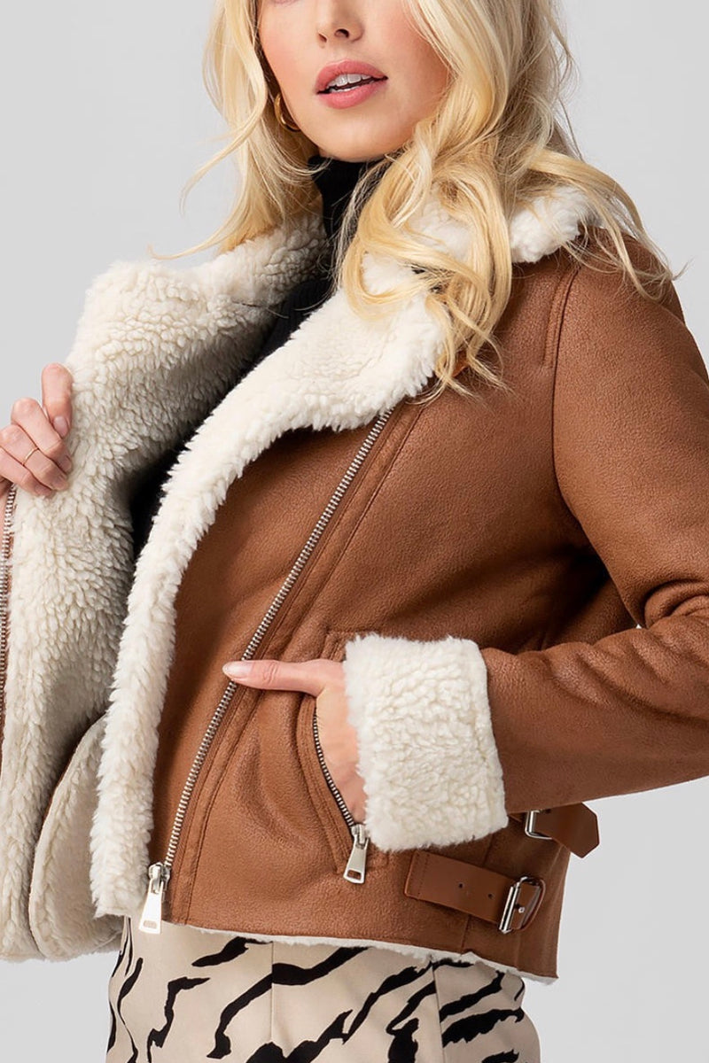 Sherpa Lined Sueded Moto Jacket in Camel